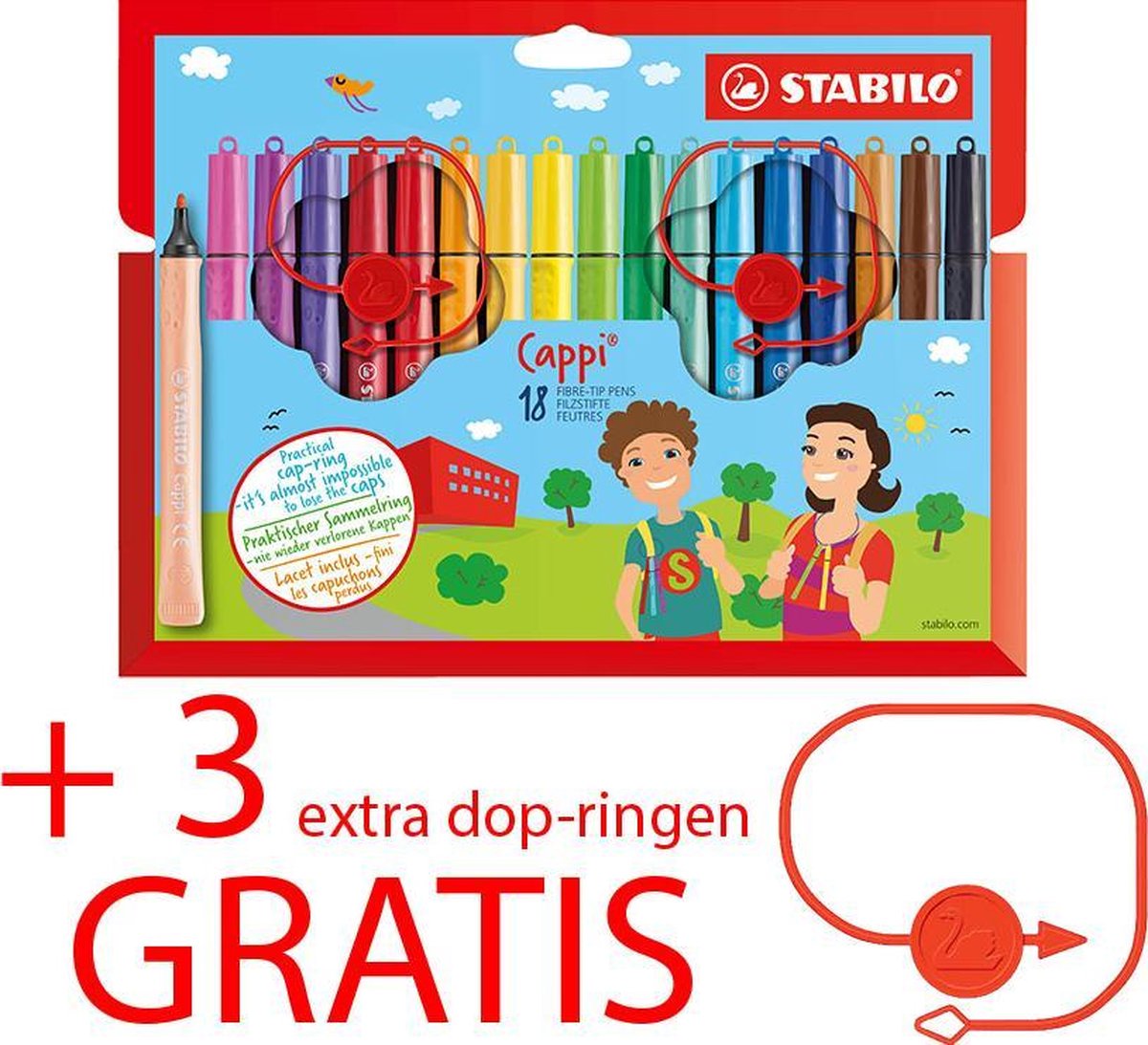 Viltstiften STABILO Cappi - etui met 18 kleuren + 3 extra dop-ringen GRATIS