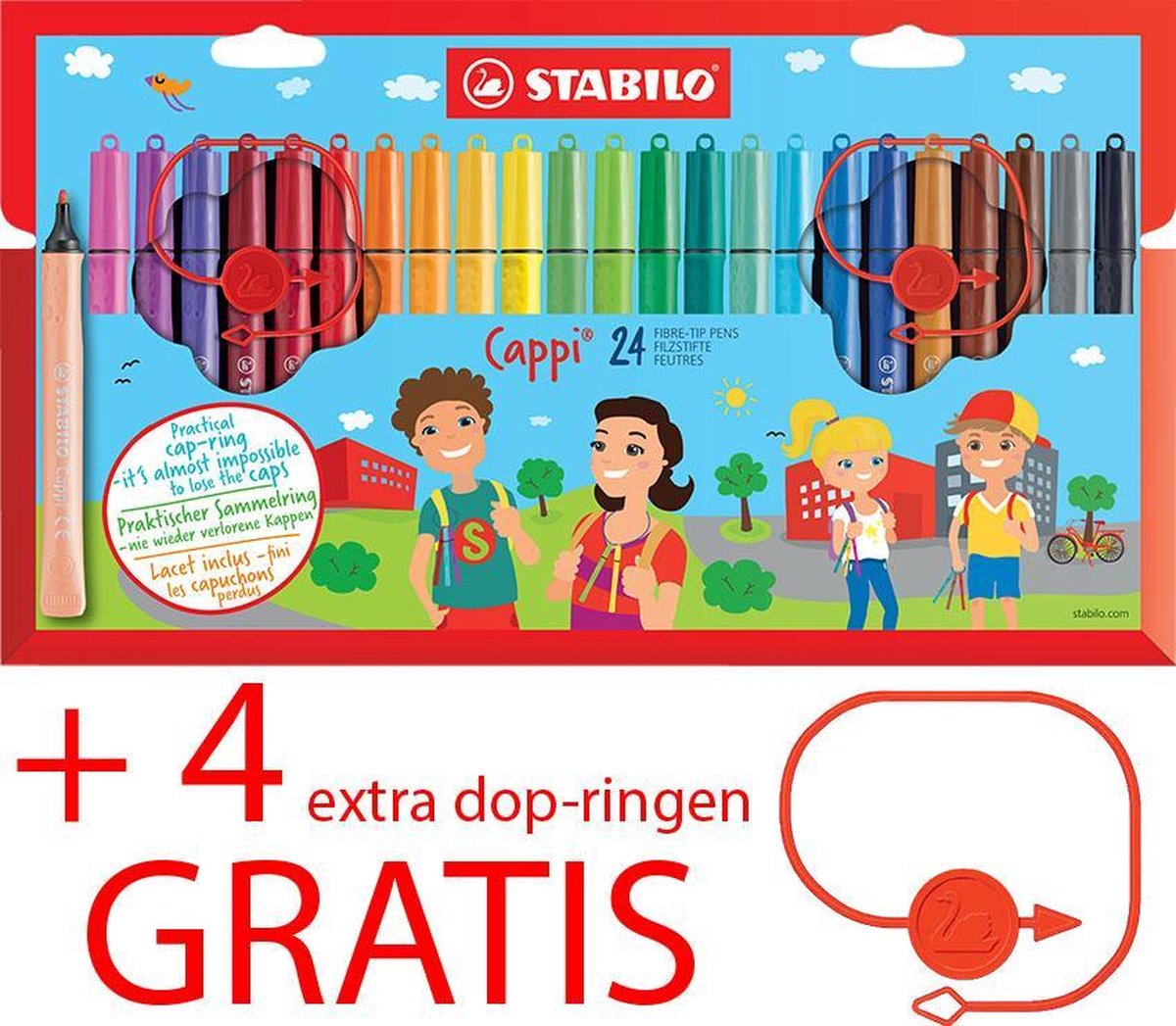 Viltstiften STABILO Cappi - etui met 24 kleuren + 4 extra dop-ringen GRATIS