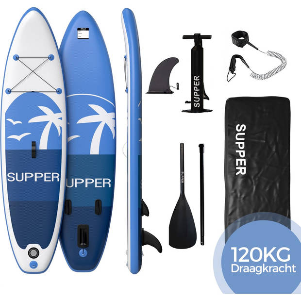 SUPPER Sup Board - Max. 120KG - Opblaasbaar - Paddle Board inclusief accessoires (285 x 76 cm, Blauw)