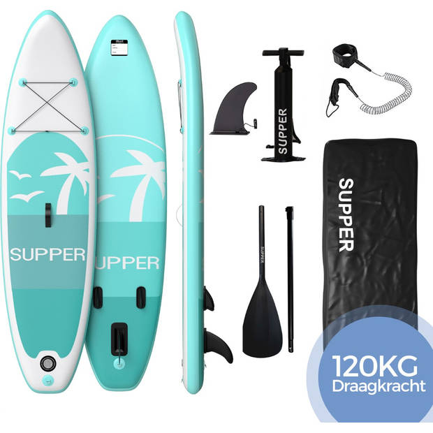 SUPPER Sup Board - Max. 120KG - Opblaasbaar - Paddle Board inclusief accessoires (285 x 76 cm, Turquoise)