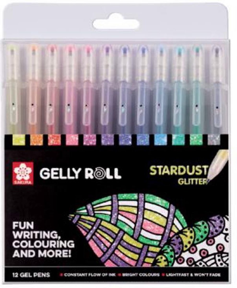   Gelly Roll Stardust Glitter Set van 12 Gelpennen verpakt in een Zipperbag + 25 Vel Zwart Papier