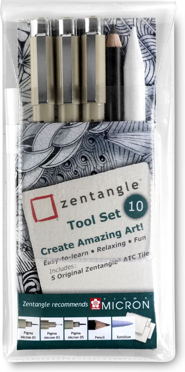 Zentangle Original tool set 10 (3 Pigma Micron fineliners, 1 Bruynzeel doezelaar, 1 Bruynzeel HB potlood, 5 witte tiles)