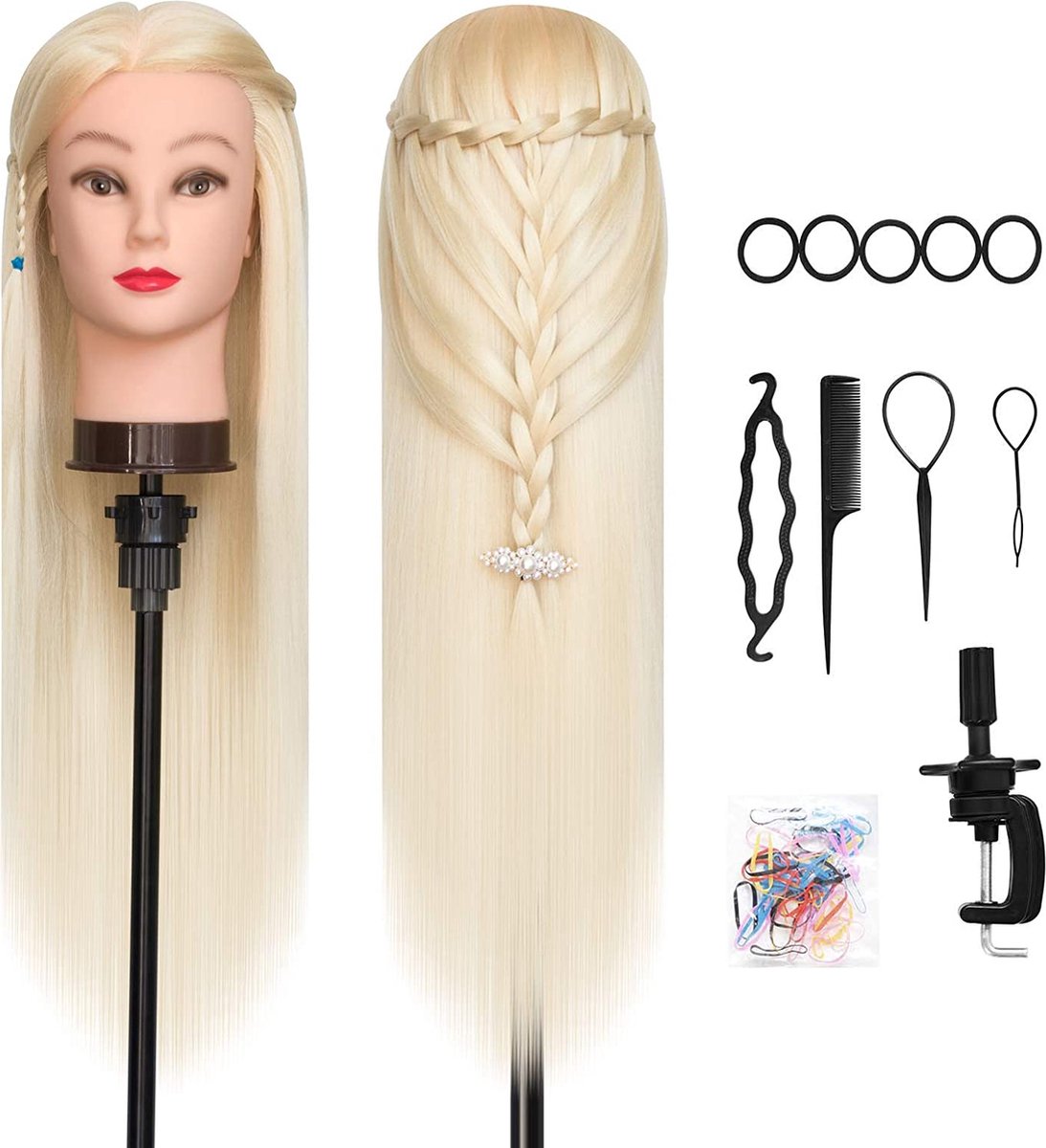 Oefenhoofd, Zacht 26-28Inch Kappershoofd Professioneel 100% Synthetische Haar Blond Traininghoofd Kapperspop Oefenpop met Steun+ Styling Accessoires