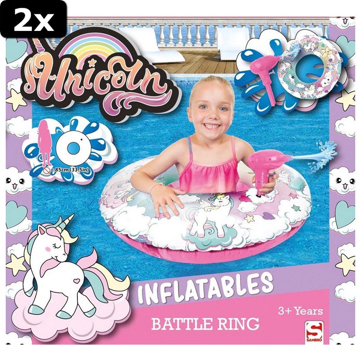 2x Sambro Eenhoorn Battle Ring Zwemband met Waterpistool 85 cm