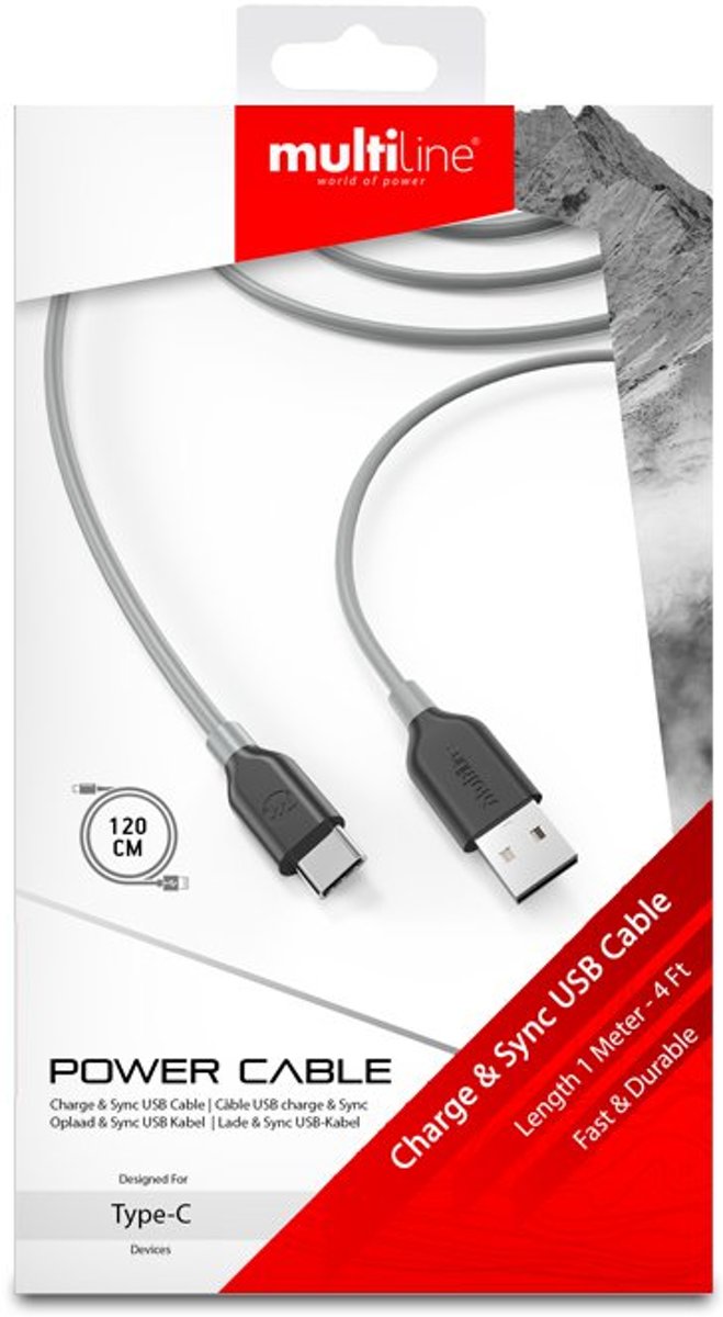 Multiline Power Cable C-Type-USB to USB-Cable 1 Meter - Gray