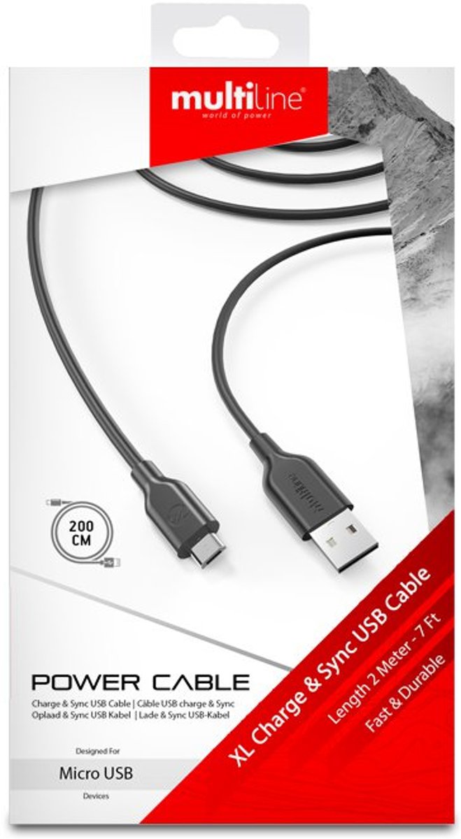 Multiline Power Cable Micro-Type-USB to USB-Cable 2 Meter - Black