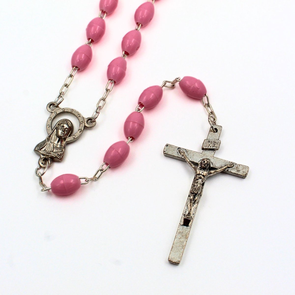 Rozenkrans ketting roze - Italiaans Katholiek Gebedsketting - metalen kruisbeeld met plastic kralen – handgemaakt in Italië – 46 cm gebedssieraad
