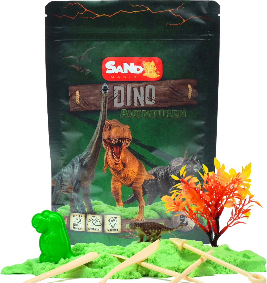 Sand Mania® Kinetisch   Surprise Dino Set – 500g Groen Speelzand met Dinosaurus & Tools – Sensorisch Montessori Speelgoed vanaf 3 jaar