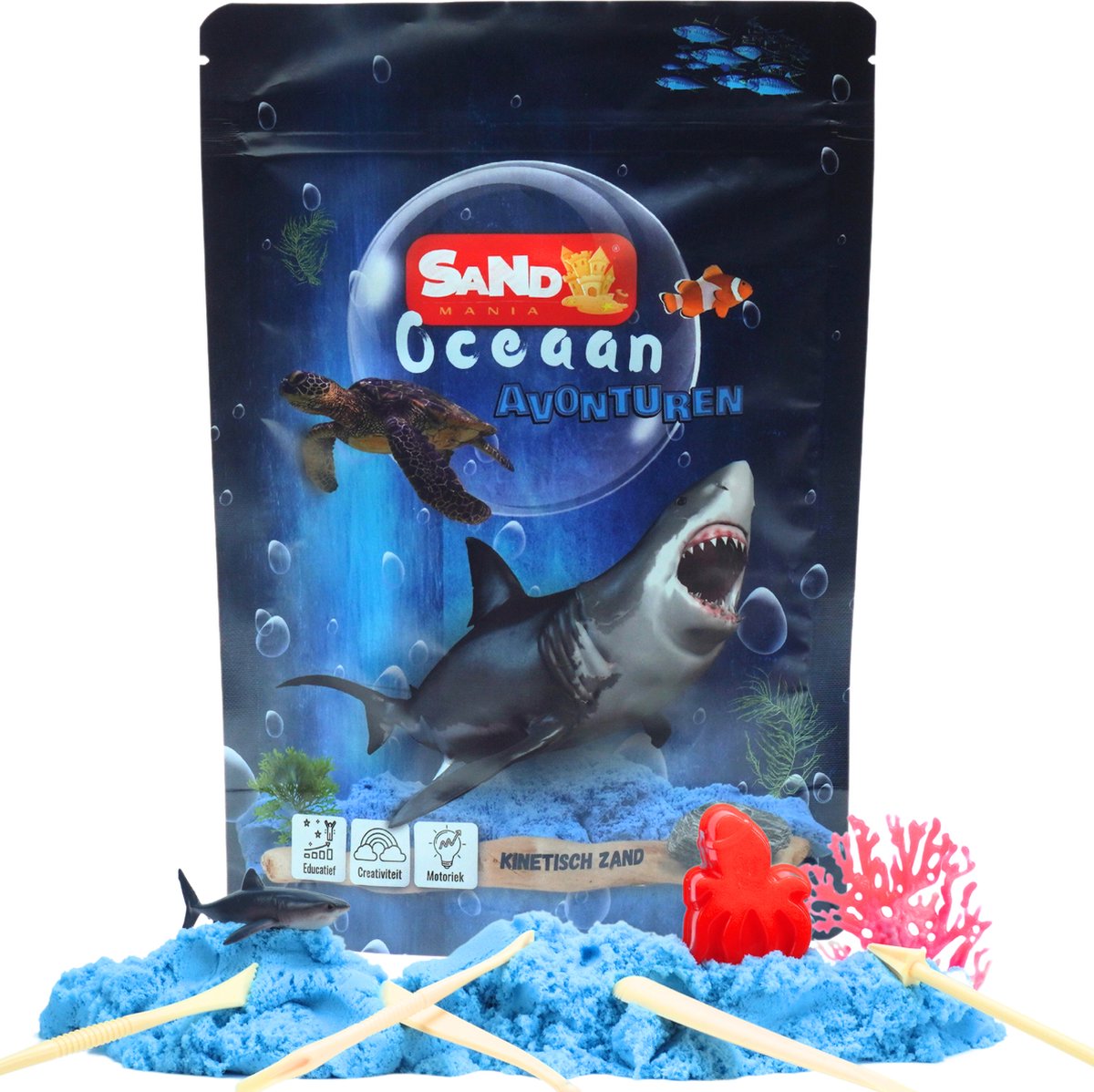 Sand Mania® Kinetisch   Surprise Oceaan Set – 500g Blauw Speelzand met Zeedier & Tools – Sensorisch Montessori Speelgoed vanaf 3 jaar