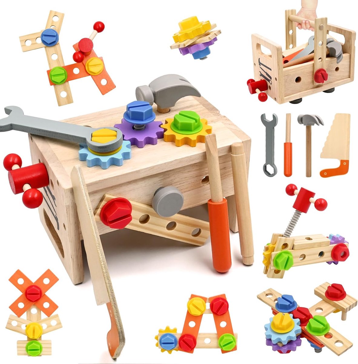 Montessori Gereedschapskist & Kidstafel Montessori - Gereedschapskoffer - Speelgoedkist - Speelgoedkoffer - Boormachine Speelgoed voor Rollenspel - Educatief, Sensorisch Speelgoed - Sensory Houten Speelgoed - Pedagogisch - 3-12 Jaar - 29 Stuks