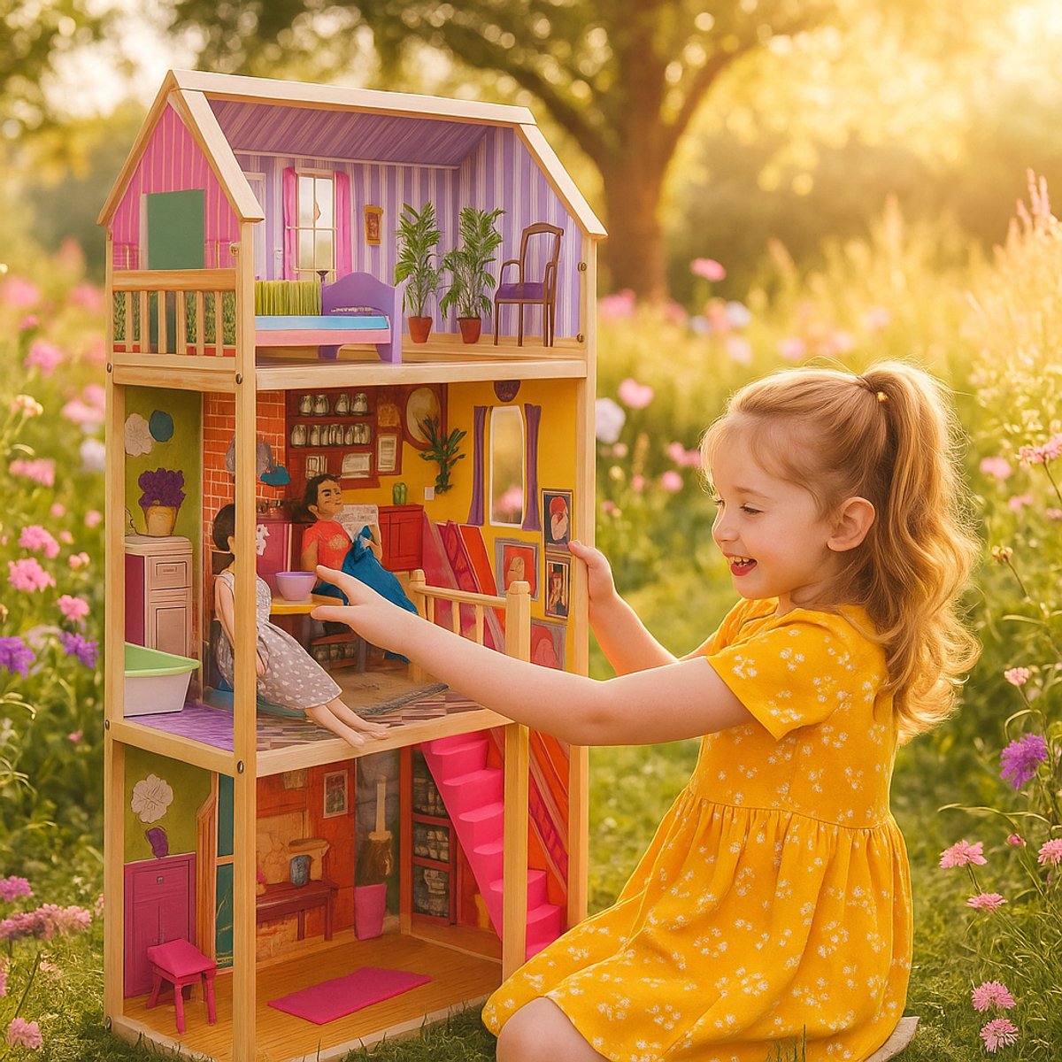   Uitklapbaar - 10 Accessoires - 3 Verdiepingen - 3 Jaar - Draagbaar   - Houten Mini   -   Meubels - Poppetjes - Barbie Huis - Speelhuis met Kamer Meubels - Veelkleurig