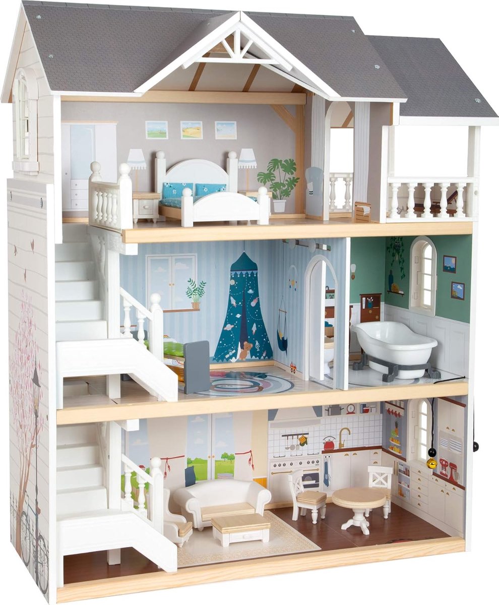   Uitklapbaar - Draagbaar   - Houten Mini   -   Meubels - Poppetjes - Barbie Huis - Speelhuis met Kamer Meubels - 12 Accessoires - 2 Verdiepingen - ‎Wit-Grijs - 3 Jaar