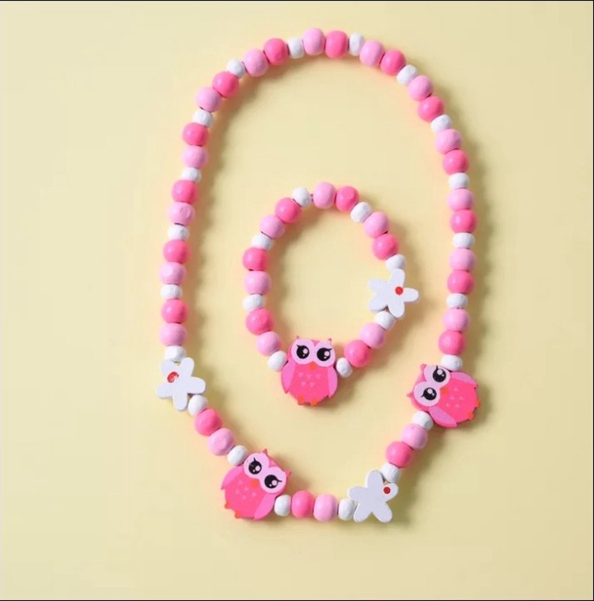 Kinderketting en Armband - Hout - Uiltjes & Bloemetjes Roze