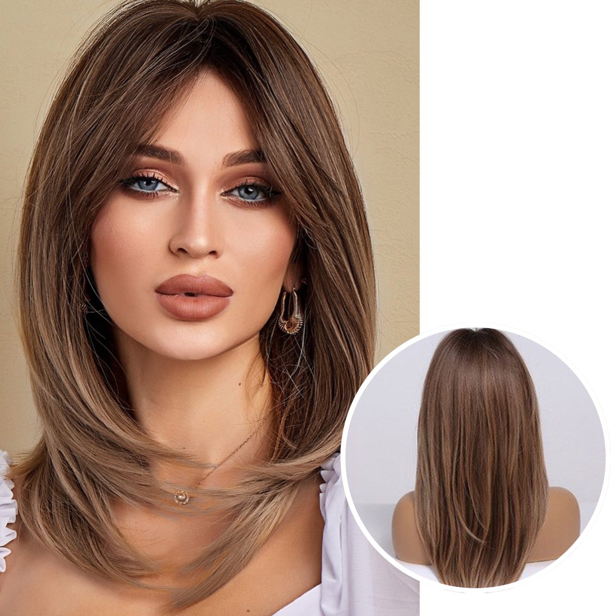 Bruine Ombre Pruik - Pruiken Dames - Wig - Verstelbaar - Half Lang Haar - 50 cm