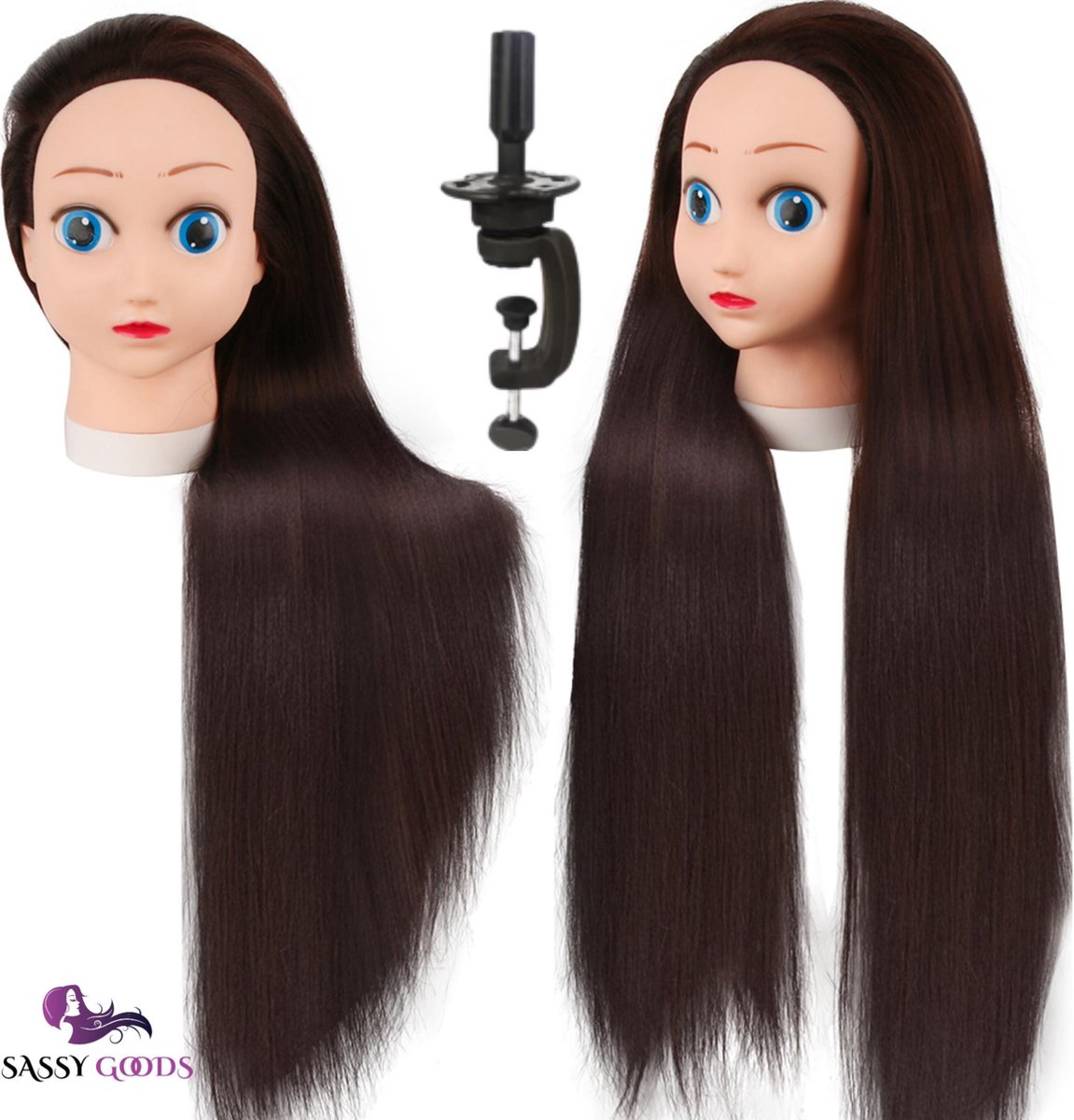 Kappershoofd Cartoon met Statief en Accessoires - Leren Vlechten / Knippen / Stylen - Mannequin Hoofd Training Pop - Oefenhoofd - Kaphoofd - Professional Head Heardresser for Practice - Kastanjebruin Haar - 60 cm