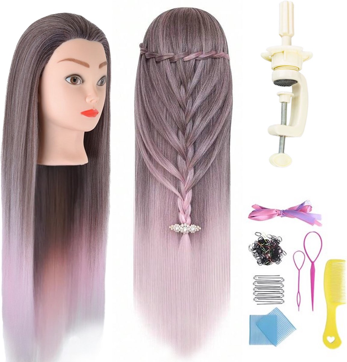 Kappershoofd Oefenhoofd Kapperspop met Statief en Styling Accessoires - Kappers Hoofd - Donkergrijs & Roze Haar - 70 cm