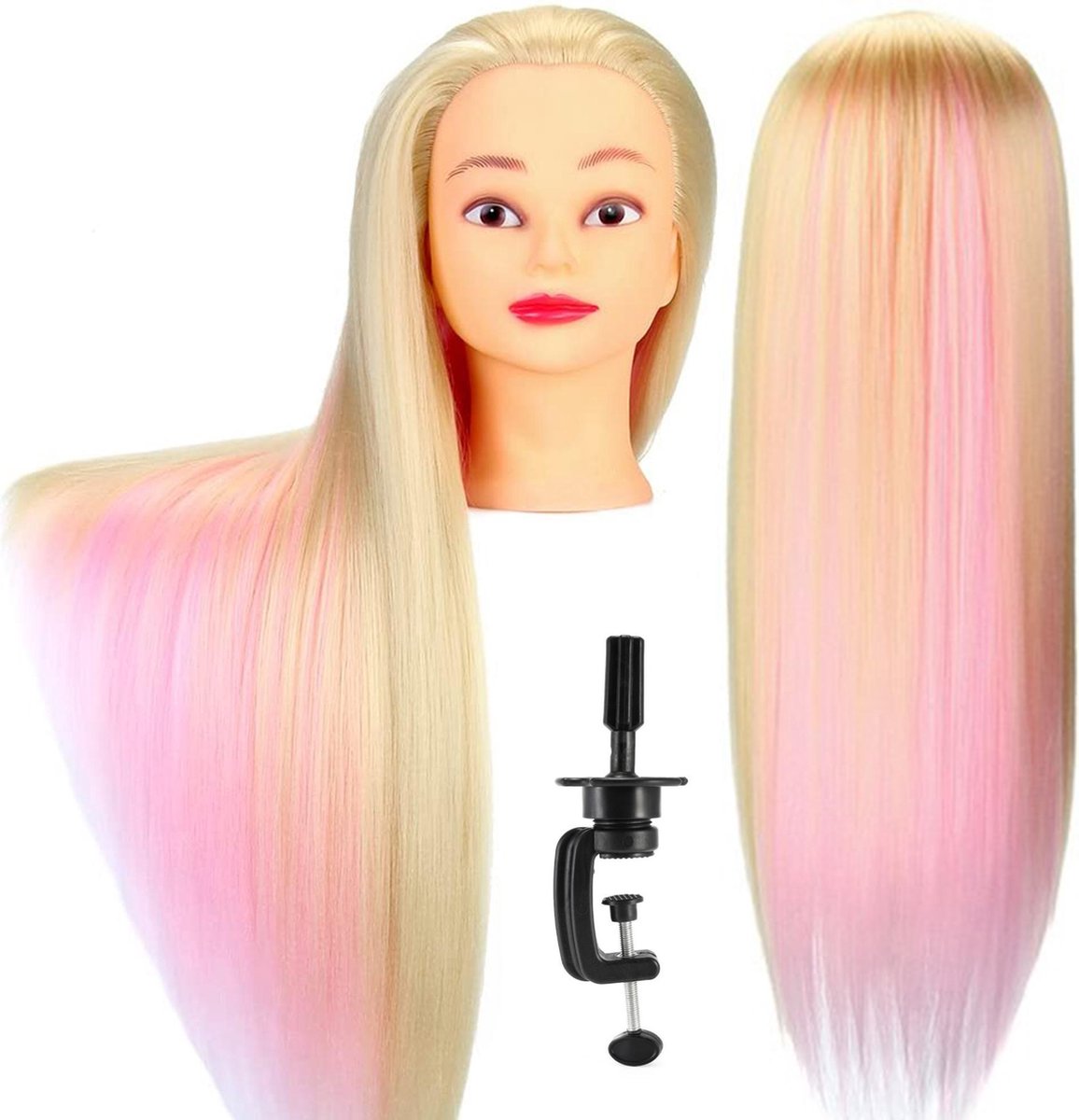 Oefenhoofd Kappershoofd - Statief - Kappop - Kaphoofd - Blond & Roze Haar - 70 cm