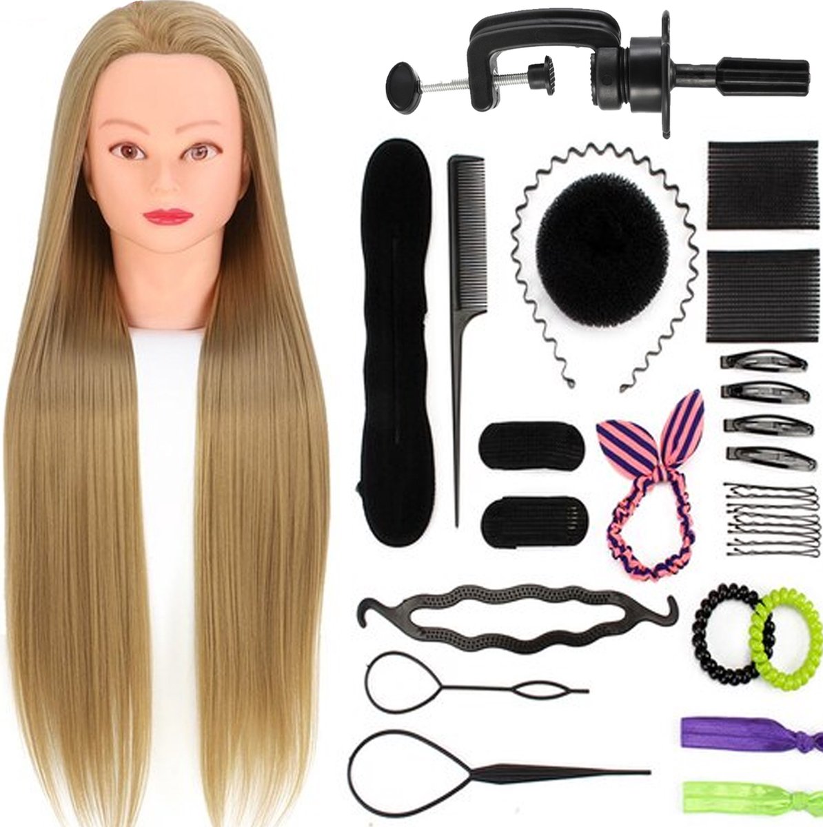 Oefenhoofd met Statief - Kappershoofd - Oefenpop Kapper - Met Styling Accessoires - Blond Haar - 70 cm