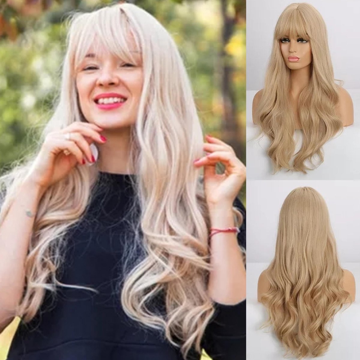 Pruik - Pruiken Dames - Wig - One Size Verstelbaar - Lang Golvend Haar - Blond - 70 cm