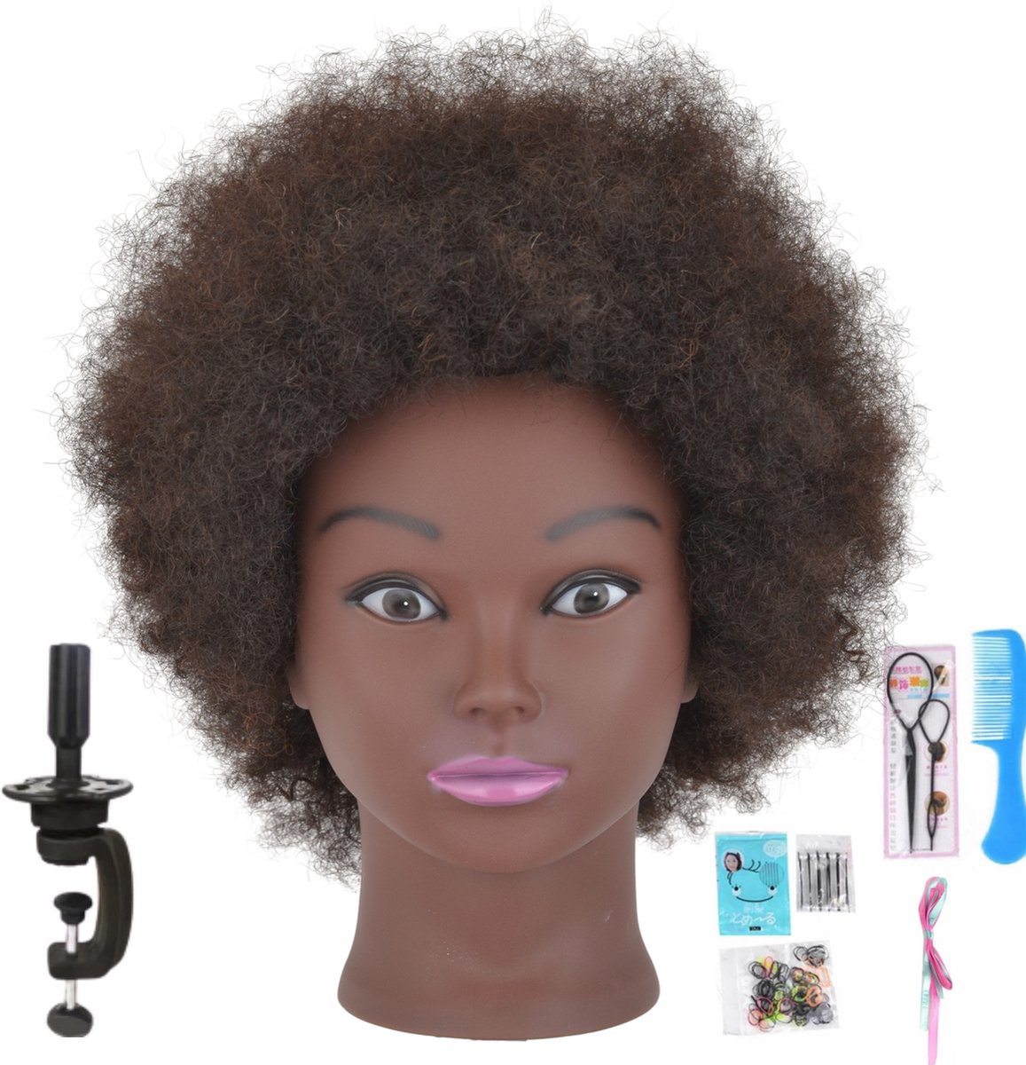 Sassy Goods® Oefenhoofd - Kappershoofd - Afro - Oefenpop Kapper - 100% echt haar - Kroeshaar - Met statief en accessoires - 15 cm