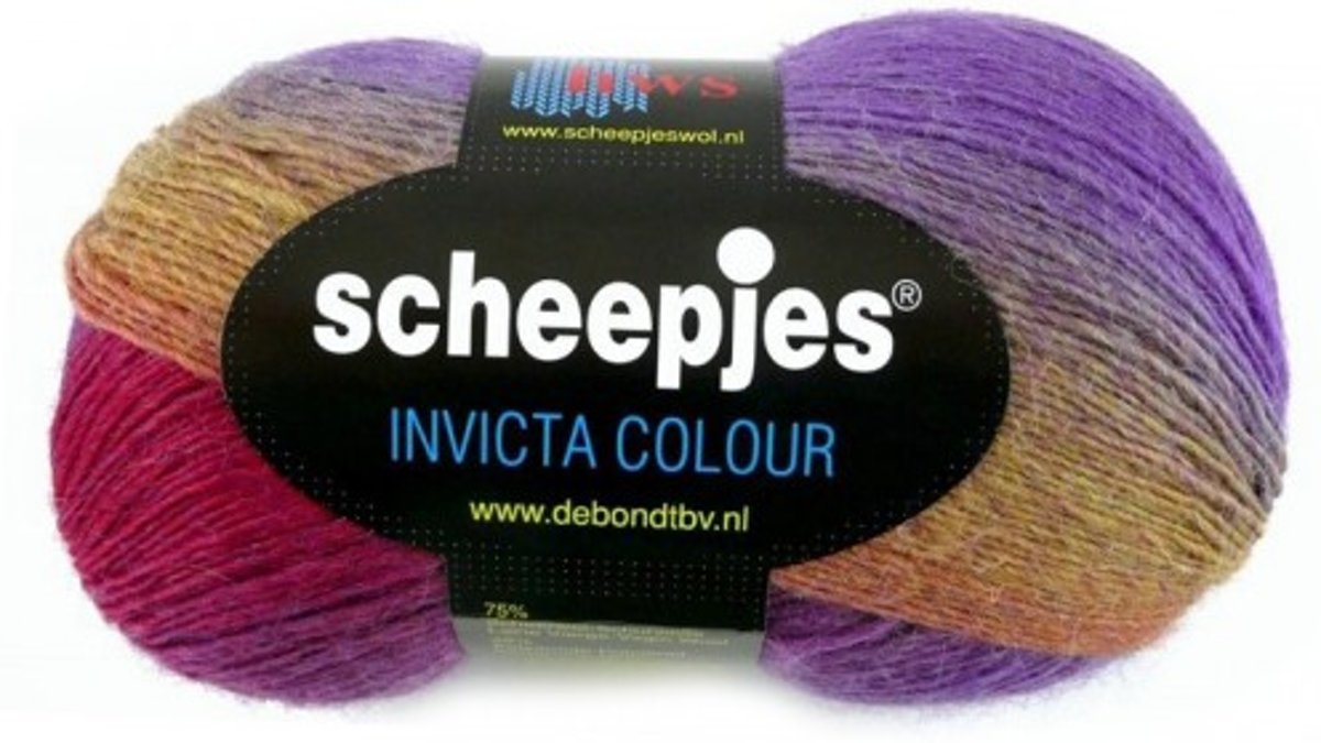 SCHEEPJES Invicta Colour sokkenwol 955.  ROOD PAARS GEEL. PAK MET 5 BOLLEN a 100 GRAM.