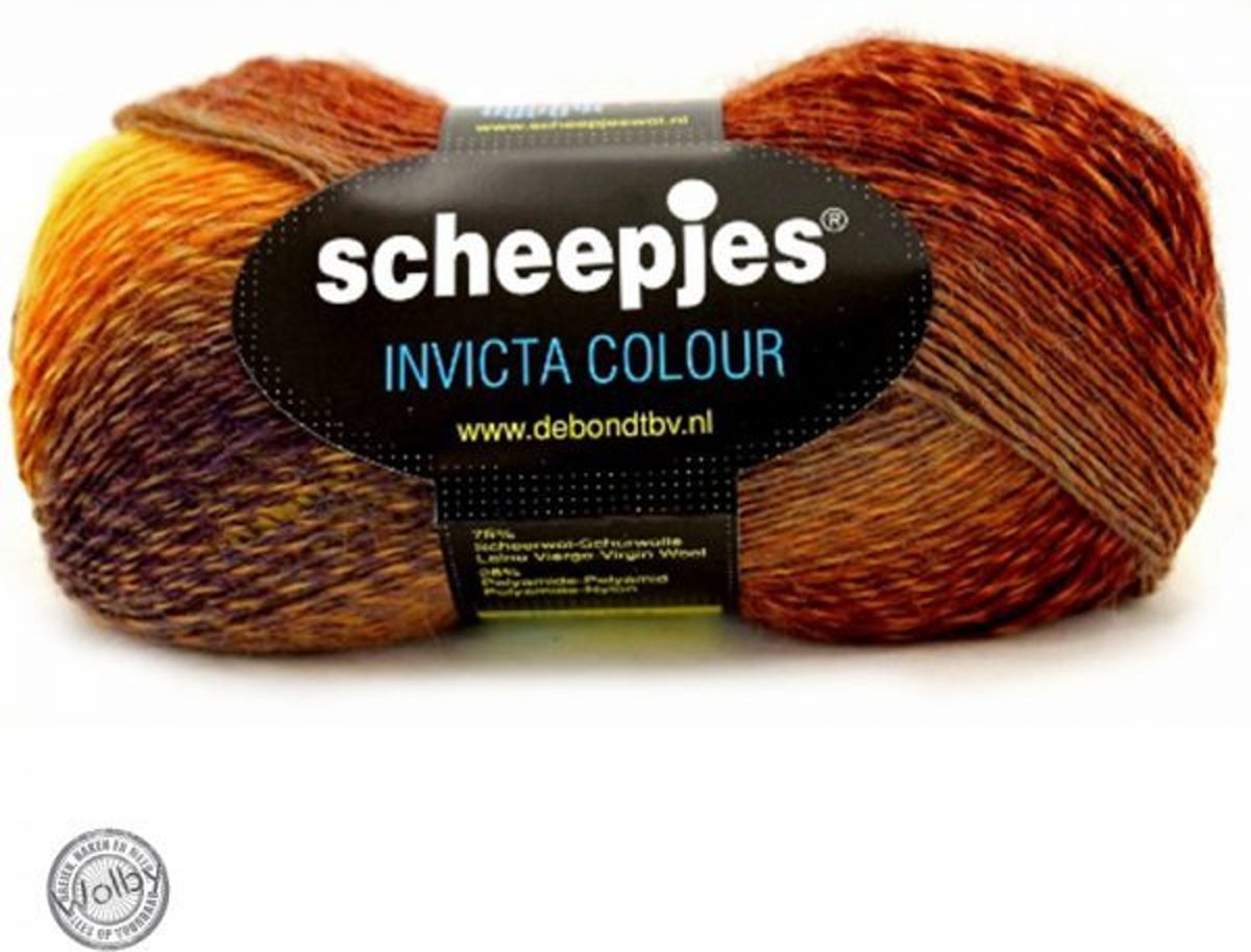 Scheepjes Invicta Colour 974 BRUIN GEEL PAARS. PAK MET 5 BOLLEN a 100 GRAM.