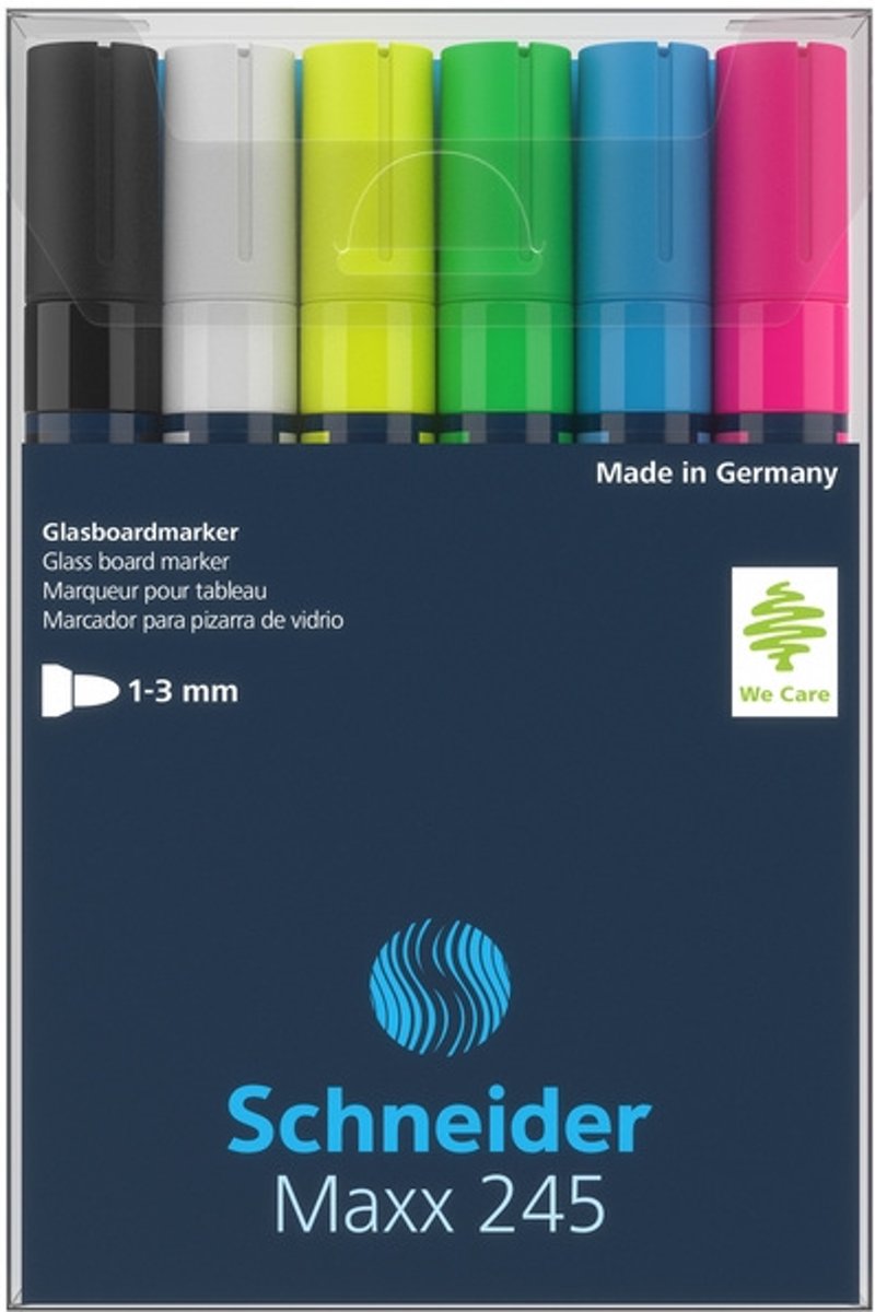 Marker Schneider Maxx 245 6st. in etui. Zwart, wit, geel, groen, blauw, rood