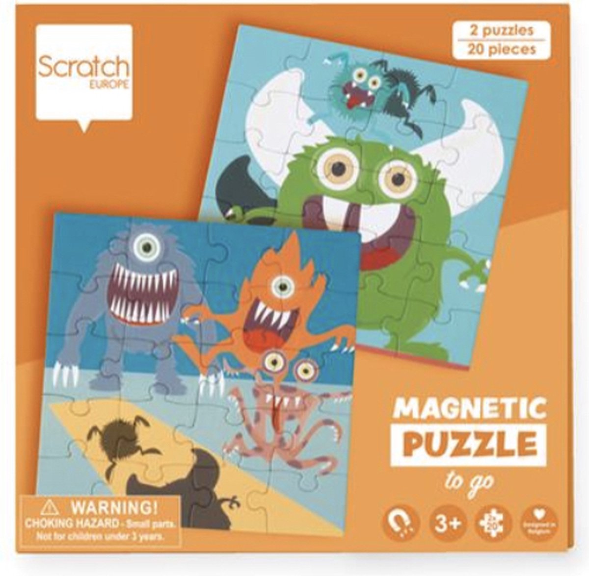 Scratch Puzzel Magnetisch: MAGNETISCH PUZZELBOEK TO GO - MONSTER 18x18x1.5cm (gesloten), 54x18x0.5cm (open), met 2 magnetische puzzels van 20 stuks, 3+