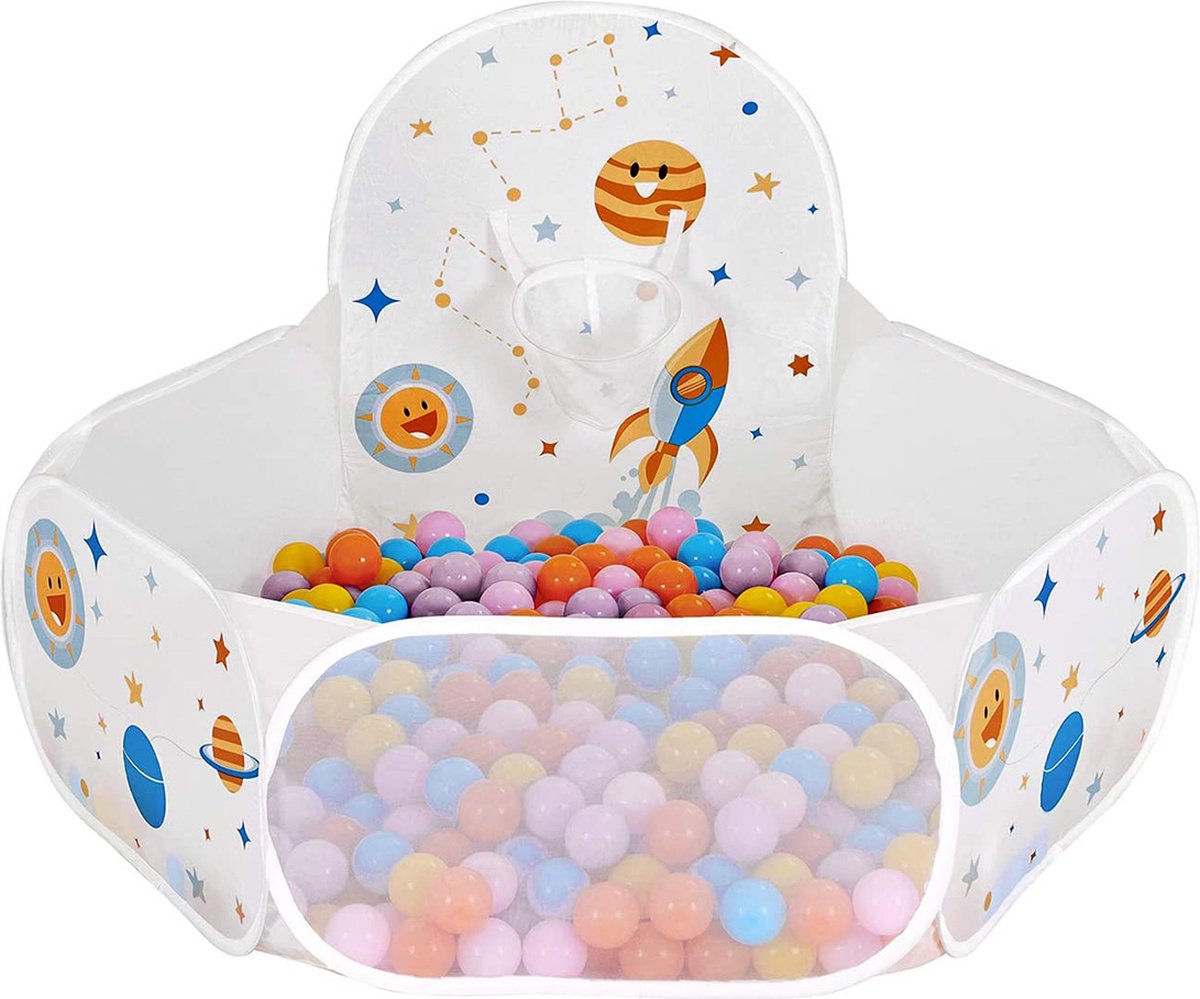 Segenns Ballenbak - Ballenbad - Binnen- en Buitenbox - Speeltent voor Peuters - met Basketbalring - Speelgoed - Cadeau voor Kinderen - met Ruimtemotieven - ZONDER Ballen - Wit