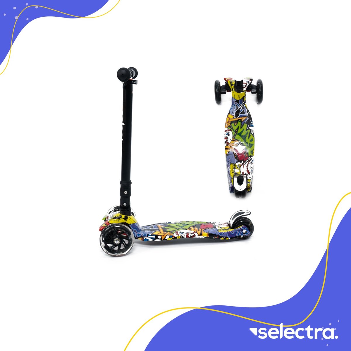 Selectra kinderstep met 4 lichtgevende wielen – Kick step voor kinderen van 3 t/m 9 jaar – Led scooter met click and ride functie - Graffiti hop