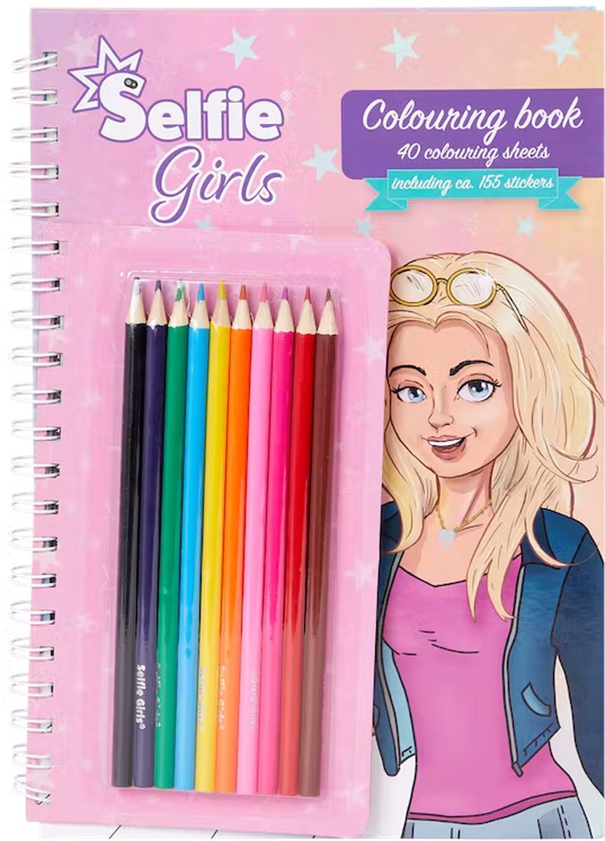 Selfie Girls Design Boek - Hardcover - Paars - Kleurboek met 10 kleurpotloden - 40 Paginas en 155 stickers - Cadeau - kado