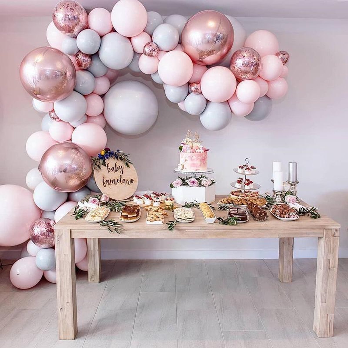 Ballonnenboog - Diy - Roze - Grijs - Rose goud - Incl. Pomp en Ophanghaakjes - 85 Ballonnen - Babyshower - Verjaardag