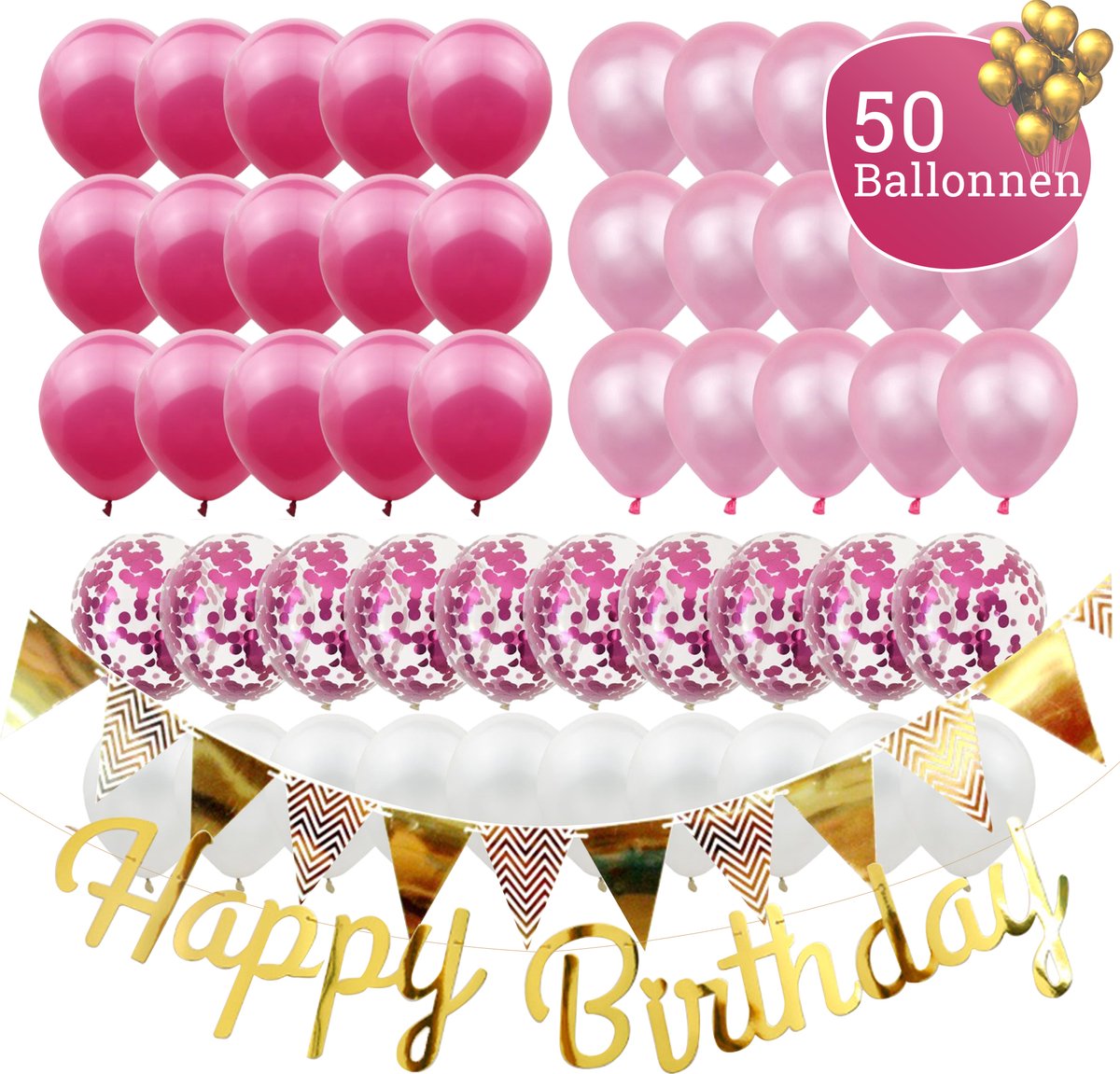 Roze ballonnen Verjaardag & Versiering Set – Incl. Happy Birthday Slinger, Vlaggenlijn, Lint en 50 Ballonnen – Kant en Klaar Feest Pakket