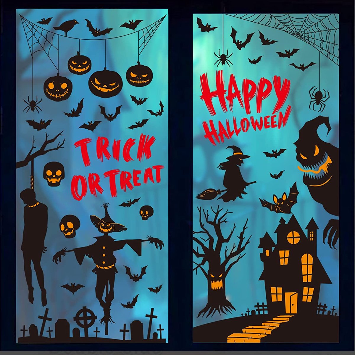 Selwo Halloween raamstickers dubbelzijdige herbruikbare Halloween raamdecoraties 9 vel 87 stuks spookhuis vleermuizen kasteel spinnen spinnenwebben, dode boomstammen Halloween venster klampt statische PVC-stickers, venstersticker