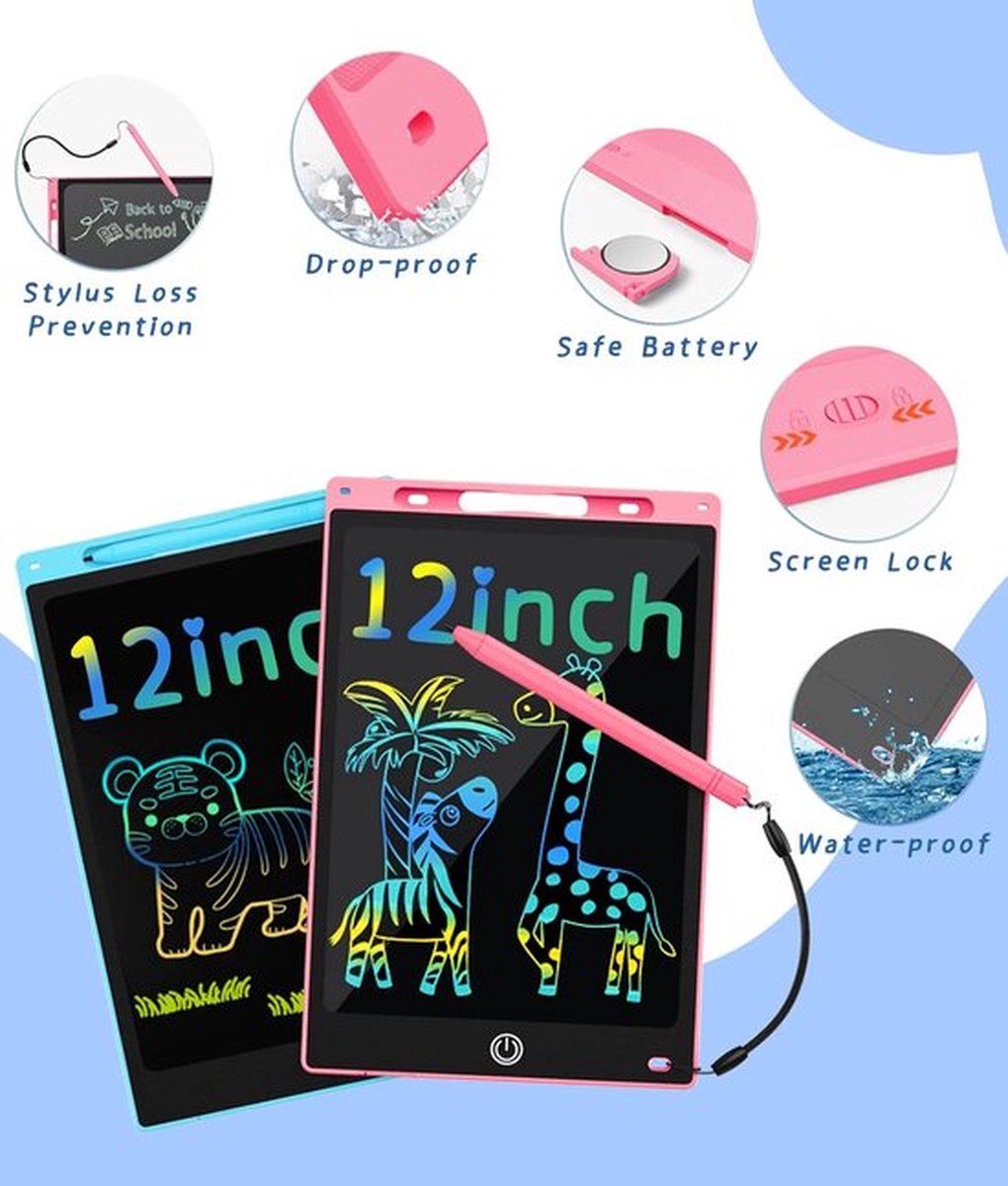 12 Inch LCD-schrijftablet, 2 stuks draagbare magische tekentablet, peuter leren speelgoed kleurrijke doodle krabbelpad, kinderen reizen speelgoed voor 2-7 jaar oude jongens meisjes Kerstmis