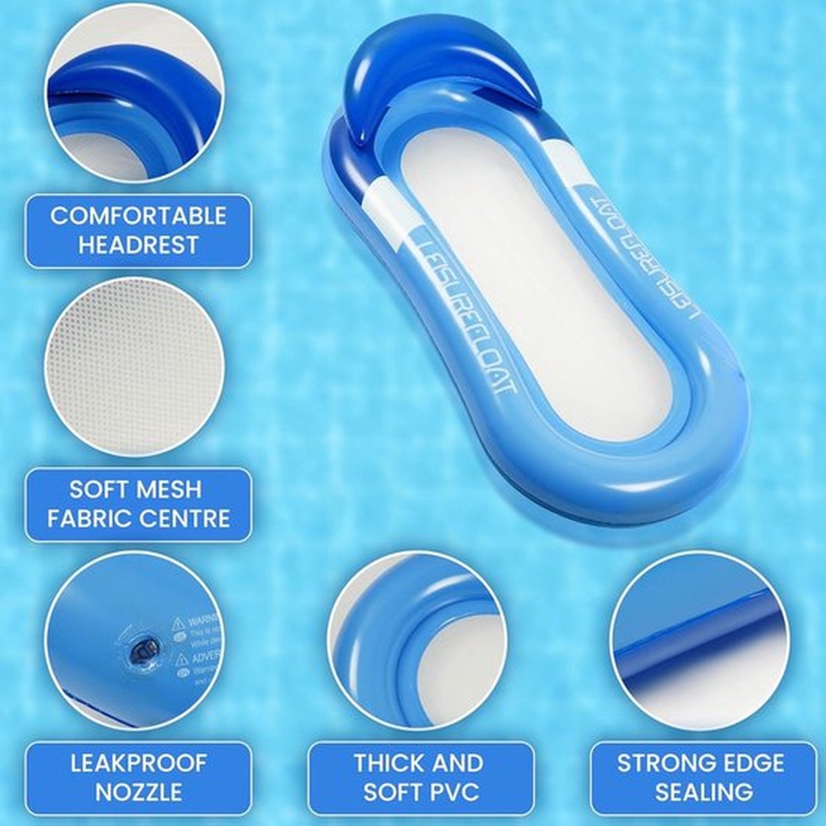 Blauw Opblaasbare Zwembad Drijfband met Hoofdsteun - 78 x 150 cm - Drijvende Zwembad Lounger - Volwassen Water Hangmat - Zomer Zwembaden Zonnen Strand - Belle Vous zwembad noodle