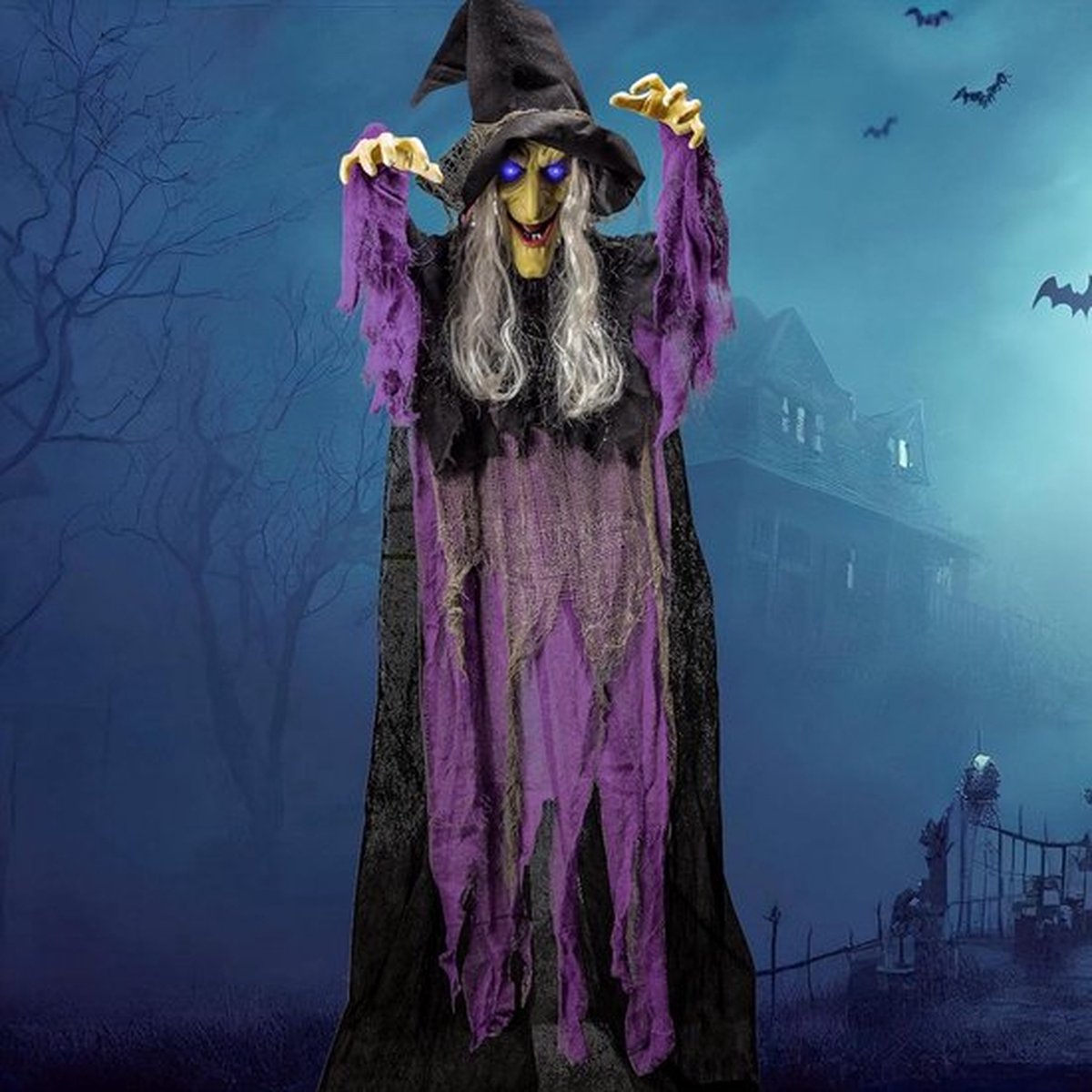 Halloween decoratie - 183 cm grote hangende geanimeerde pratende heks - lichtgevende ogen - geluidsactiveringsfunctie - blauw - spookhuis rekwisieten - hangende decoraties