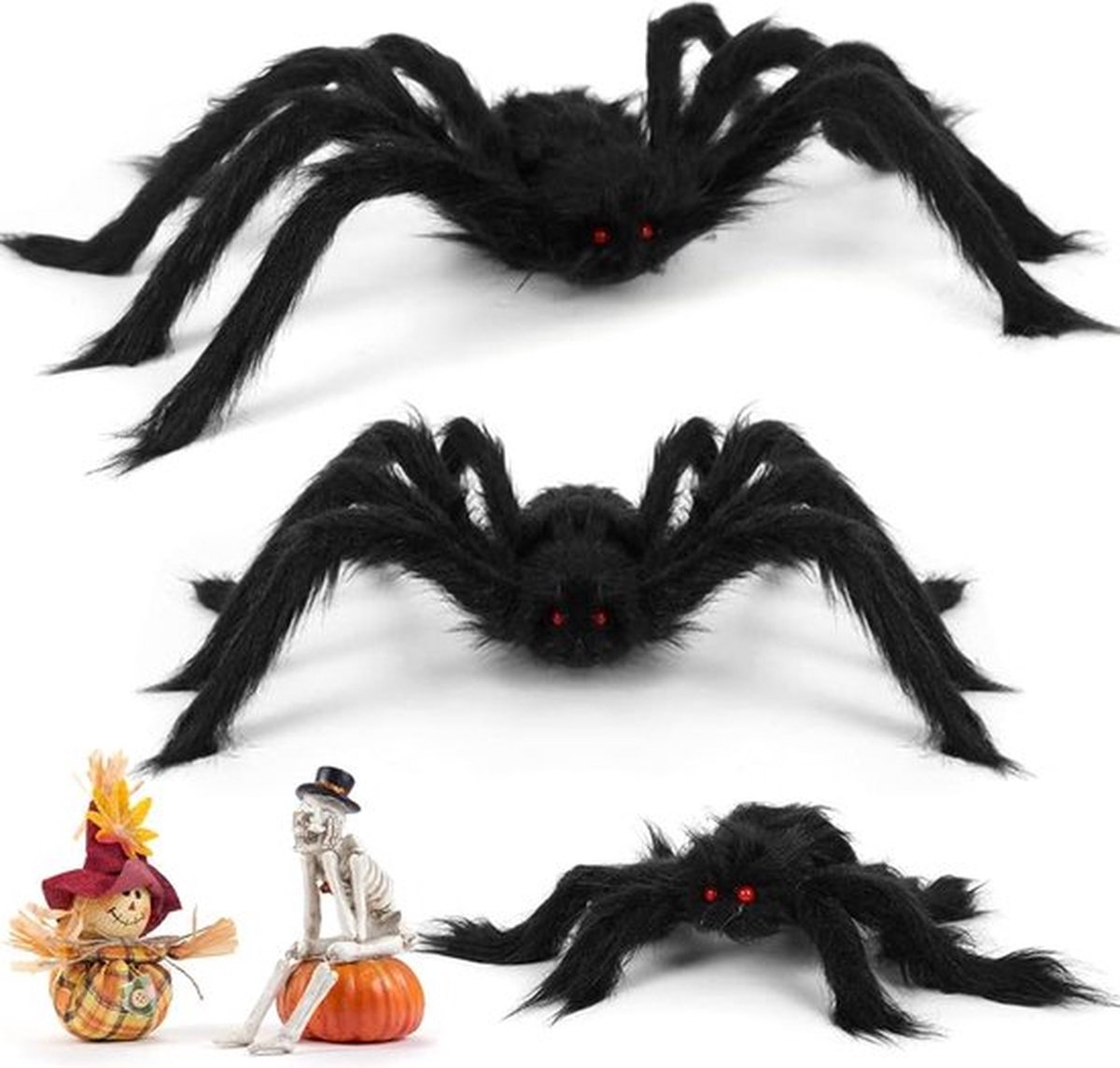 Halloween spin, 4 stuks, spin, groot, spin, pluche, zwart, 50 cm, 30 cm, decoratie tuin, griezelig, zwarte griezelspinnen, spin, pluche, zwart, carnaval