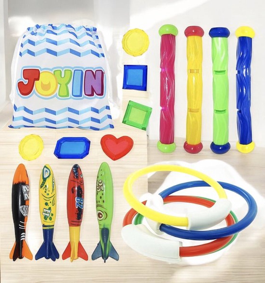 JOYIN Speelgoed Onderwater Zwemmen/Duiken Zwembad Speelgoed Ringen (4 stuks) Duikstokken (4 stuks) en toypedo bandieten (4 stuks) met Under Water Treasures Gift Set Bundel