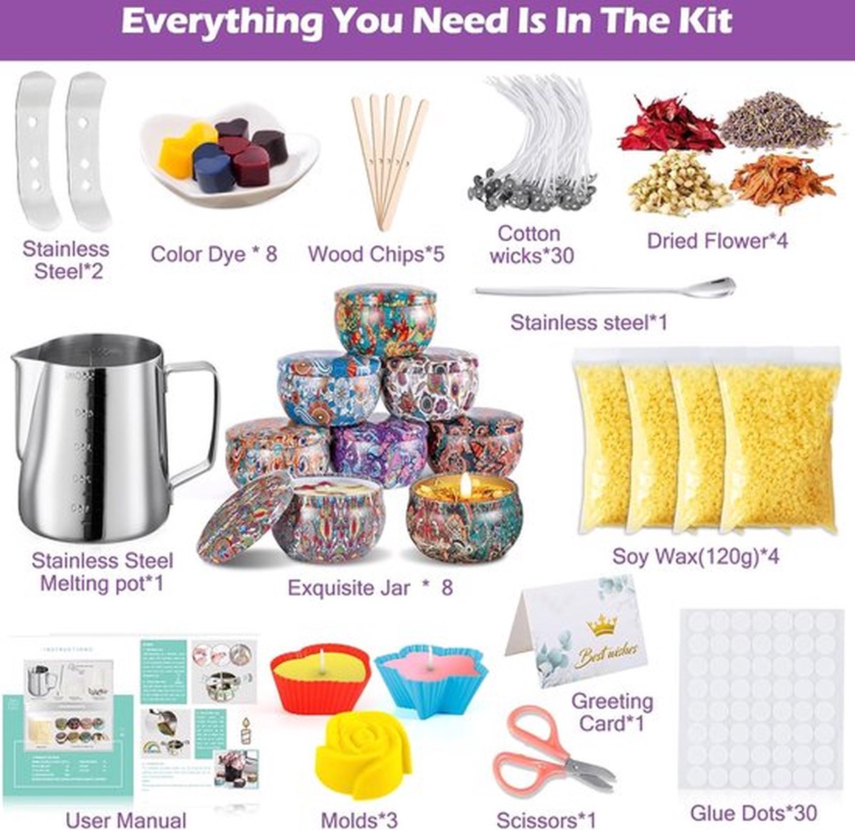 Maak je eigen kaarsenset, doe-het-zelf geurkaarsencadeauset, kaarsenmaakset met 480g sojawas, 8 kaarsenblikken, 4 gedroogde bloemen, Diy set Kaarsenmaakset voor volwassenen en kinderen