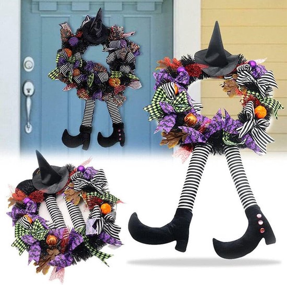 slv Halloween decoraties, Halloween krans, Halloween heksenkrans zwarte krans met hoed heksen benen pompoen, binnen buiten huis Halloween decor