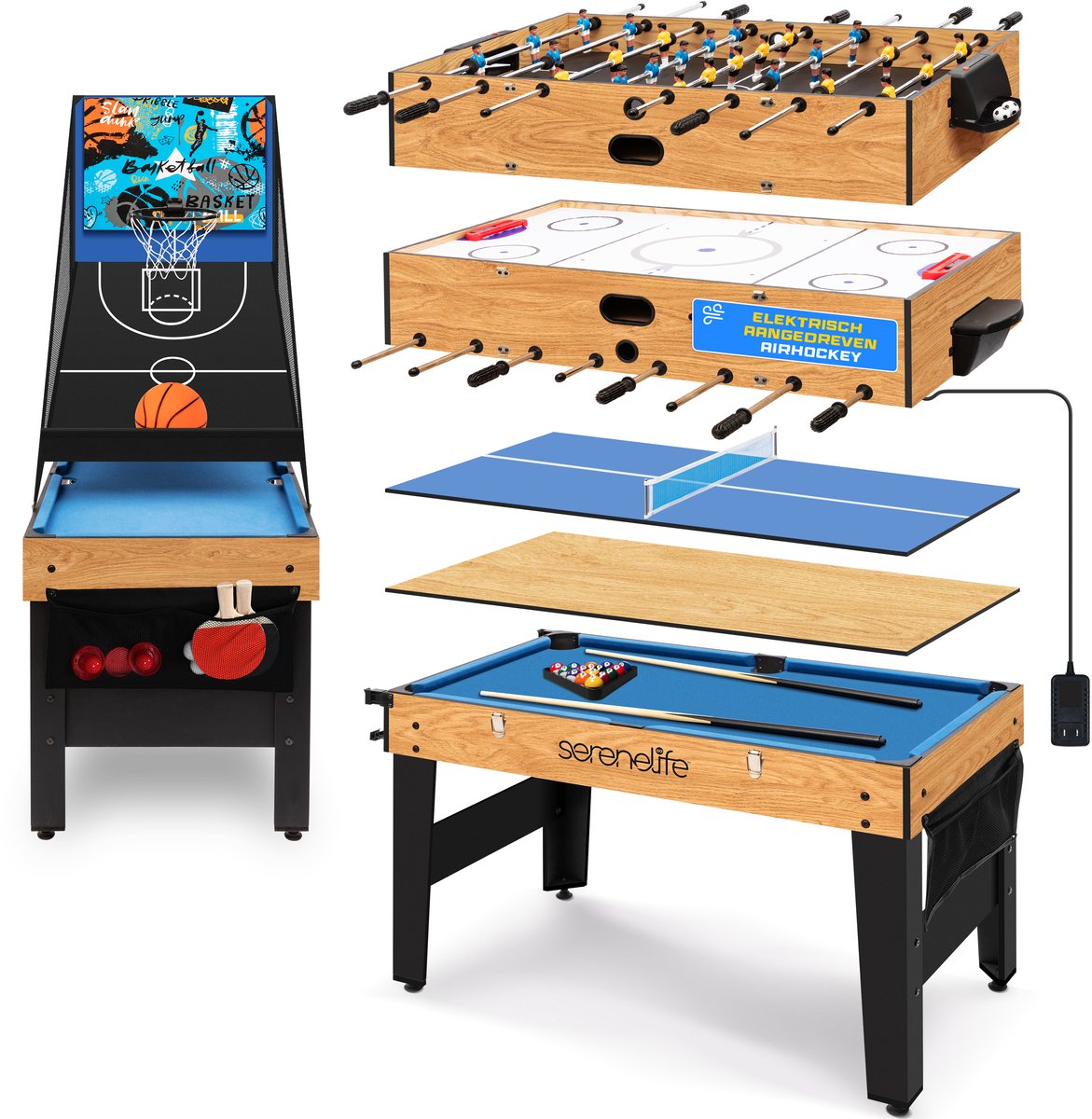   6-in-1 Multispeeltafel – Binnen & Buiten Speelset met Biljart, Airhockey, Tafelvoetbal, Basketbal, Tafeltennis – Voor Gezinnen, Kinderen & Volwassenen