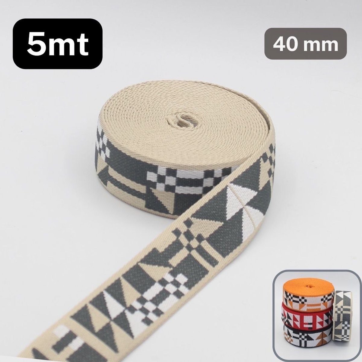 5 Meter SEVENTIES TASSENBAND, Breedte 40MM, Kleur ECRU/GRIJS/WIT 01