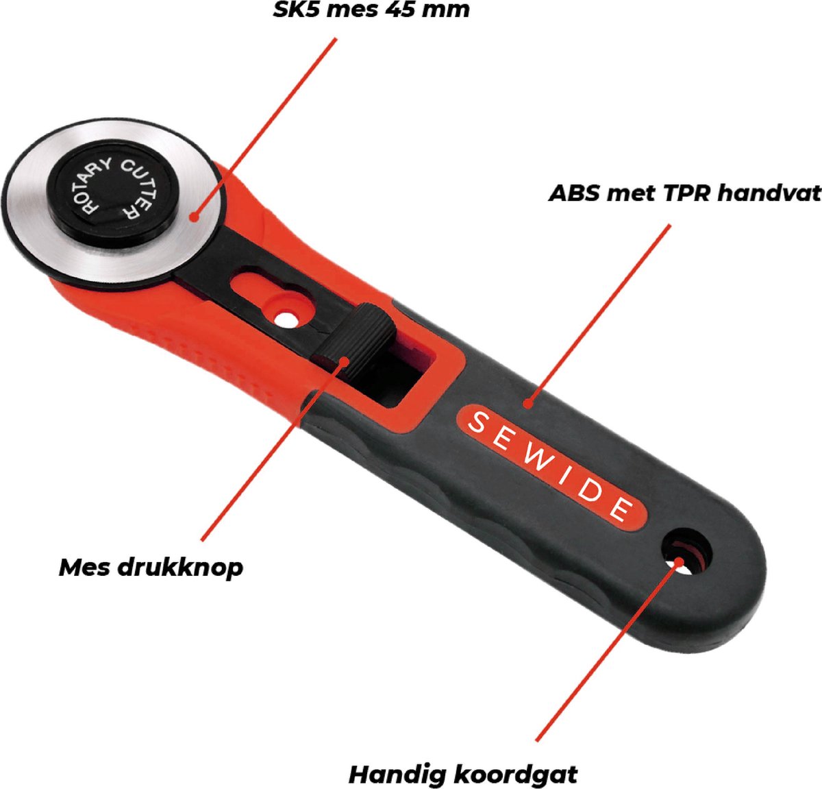 Sewide Rotary Cutter Rood – Rolmes – Rolmes Voor Stof – Stof Snijder Roller – Stofschaar – Snijmes – Rolmes stof – Naaien – Naaiset – Met veiligheidssluiting – Rolmessen – Comfort – Rolmes 45 mm