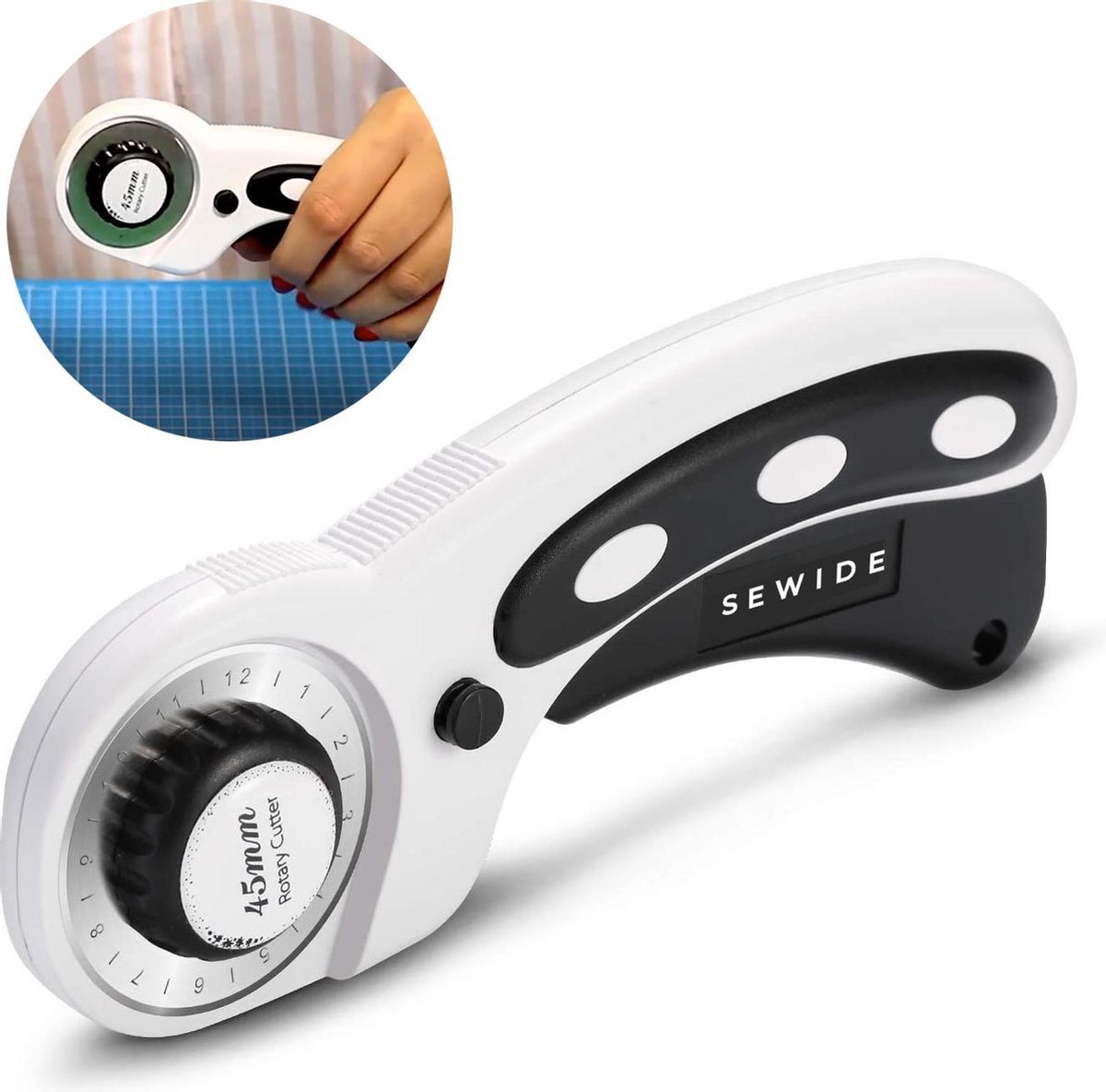 Sewide® Luxe Rotary Cutter – Rolmes – Stofschaar – Stof Snijder Roller – Rolmes 45 mm – Comfort – Rolmes stof – Naaien – Naaiset – Rolmes Voor Stof  – Rolmessen – Snijmes – Met veiligheidssluiting