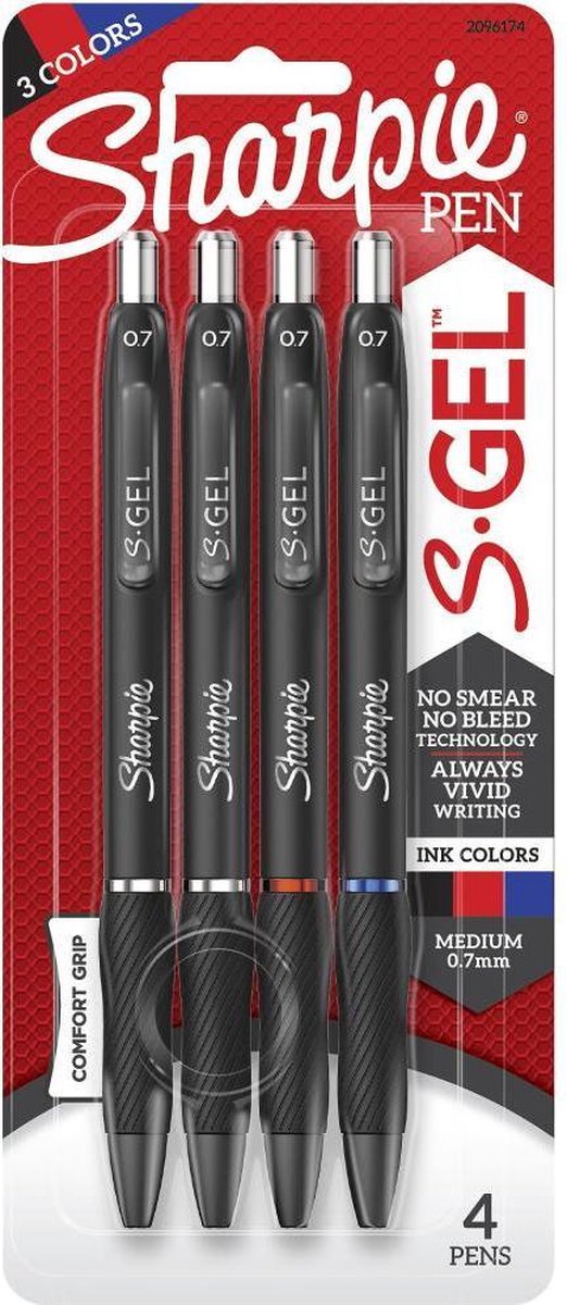 Sharpie - Gelpennen medium punt 0.7mm - Zwart/Blauw/Rood - per 4 verpakt