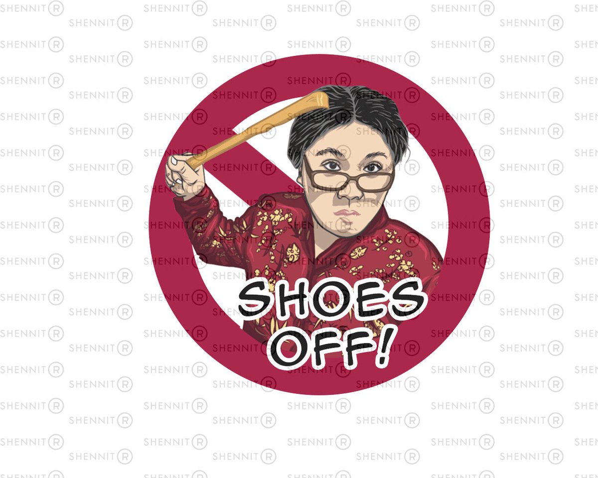 Schoenen uit aub stickers - Shoes off stickers - Waarschuwingssticker - Angry Asian Mom sticker - Geen schoenen sticker - Voordeur sticker - 4x 10x10cm