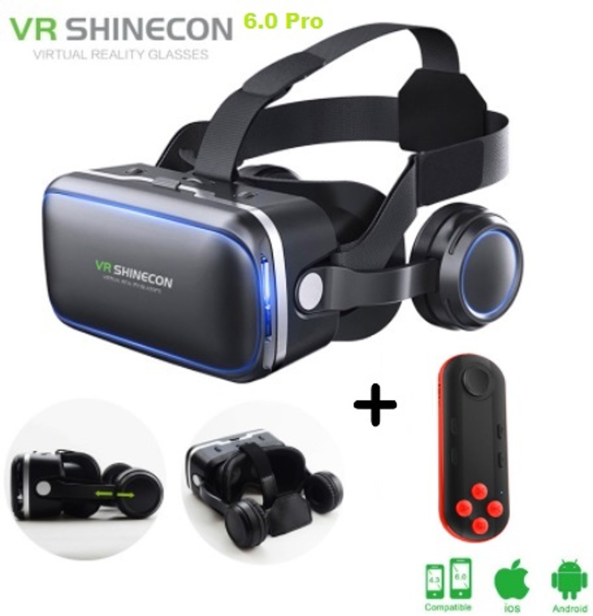 Shinecon® 6.0 Pro - 3D Virtual Reality Bril IMAX 3D - Ingebouwde VR Hoofdtelefoon - IOS/Android - Best Geteste Versie + Premium VR Controller