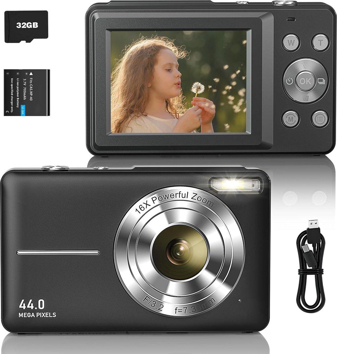 Digitale Camera FHD 1080p - 44MP Compacte Fotocamera - 32G Geheugenkaart - 16X Digitale Zoom - Draagbaar en Eenvoudig in Gebruik - Ideaal voor Kinderen, Tieners, Senioren en Beginners (Zwart)
