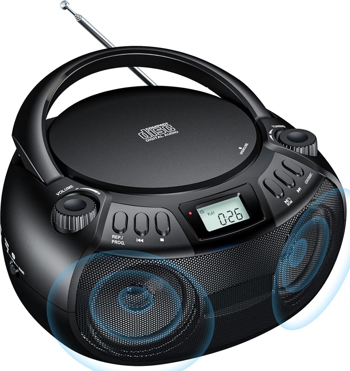 Draagbare CD-speler Boombox met Bluetooth - FM en AM Radio - Stereo Speakers - USB en AUX Ingang - Hoofdtelefoonaansluiting - LCD Display - 2 x 3 Watt RMS Stereo Systeem - Multifunctionele CD Boom Box voor Thuis en Onderweg
